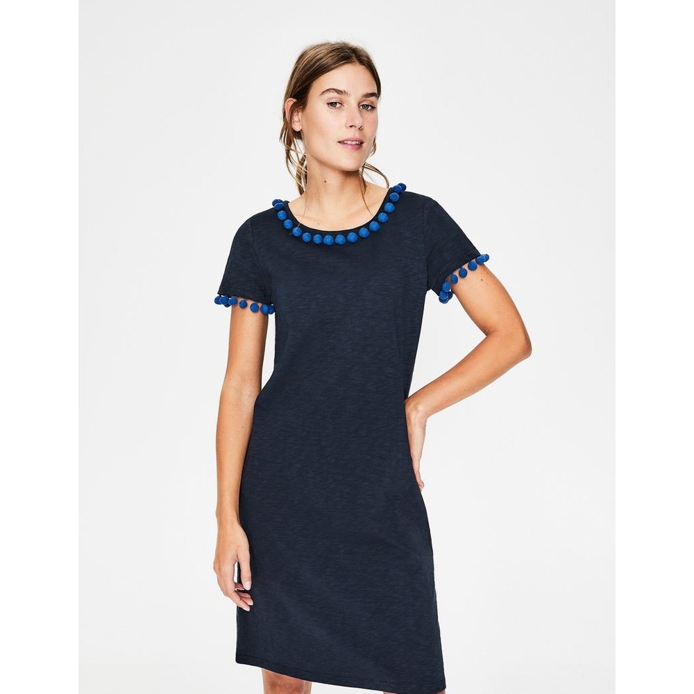 Boden Bridget Navy Blue Pom Pom Trim Slub Cotton Shift Dress‎ US 6L Short Sleeve
